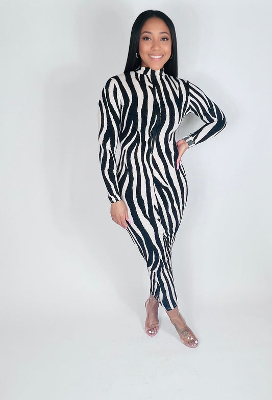 Camille Zebra Print Dress (Black/ Taupe)
