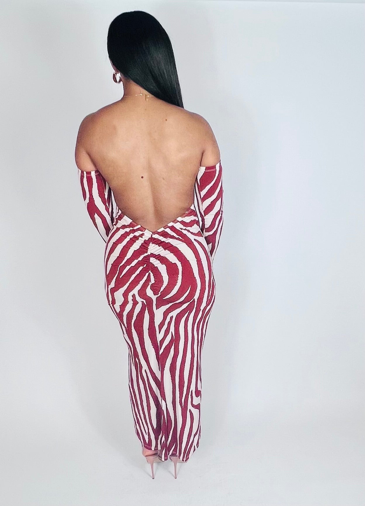 Ava Backless Zebra Print Dress (Rust/ Taupe)