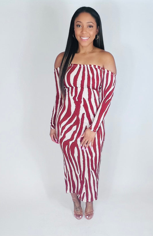 Ava Backless Zebra Print Dress (Rust/ Taupe)