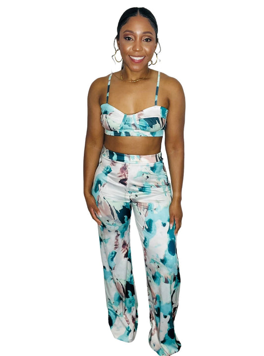 Chelsie Printed Wide Leg Pants Set (Green Multi)